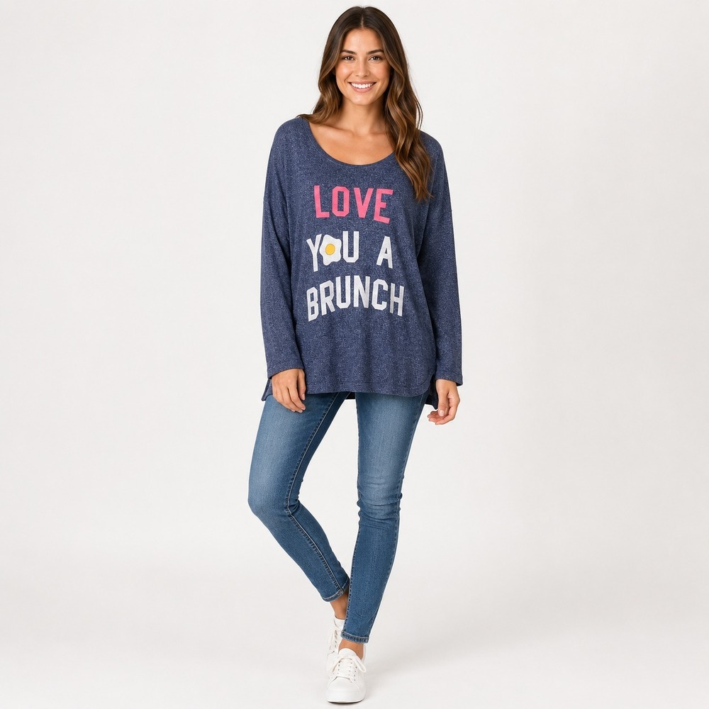 Junk Food Sweatshirt Womens Small‎ Blue Love You a Brunch Hacci Soft Cozy Fleece